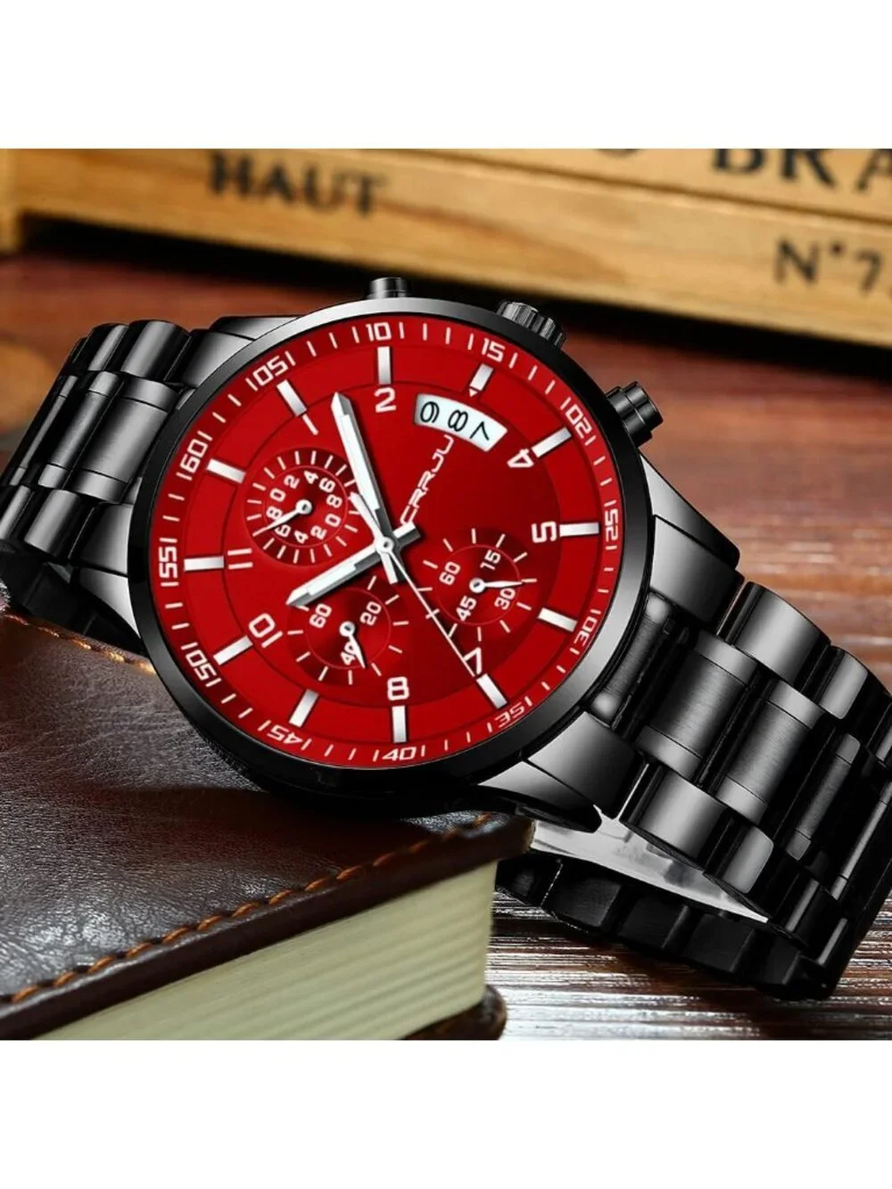 Men's Black Red Analog Quartz Stainless Steel Waterproof Chronograph Wrist Watch